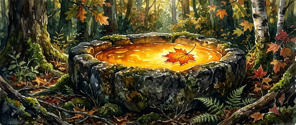 Glowing amber pool in the forest
