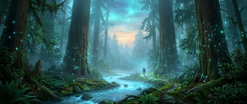 Misty bioluminescent forest clearing